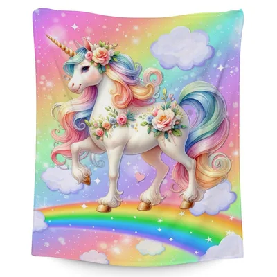 Unicorn on Rainbow Blanket No. 2: A Floral Mythical Horse Design