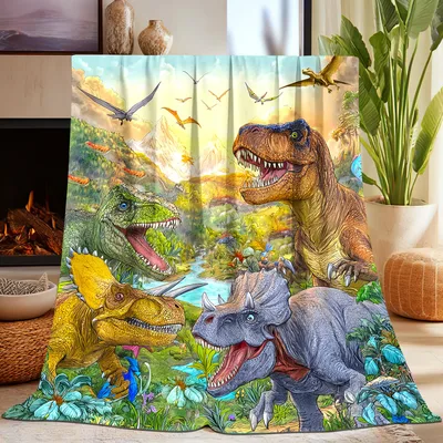 Dinosaur Friends Scene Blanket: Prehistoric Group Portrait for Kids