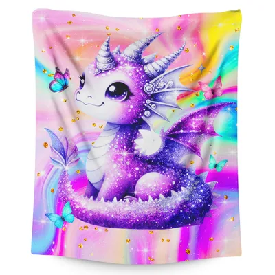 Cute Purple Dragon Art Blanket: Glittery Fantasy Friend for Kids