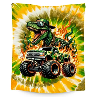 Dinosaur Monster Truck Tie Blanket: Camo T-Rex with Sunglasses