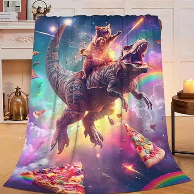 Cat Riding Dinosaur Pizza Rainbow Blanket for Cosmic Cat Lovers
