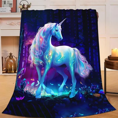 Glowing Unicorn in Forest Blanket: Ethereal Blue Creature Design