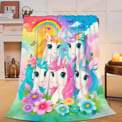 Rainbow Unicorns with Flowers Blanket: A Magical Group Portrait