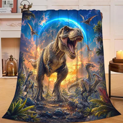 Trex Dinosaur in Jungle Blanket: Prehistoric Scene with Pterodactyls