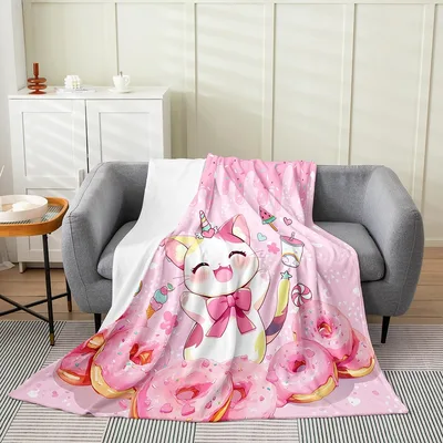 Pink Donut Blanket: A Happy Unicorn Cat Surrounded by Sweet Treats