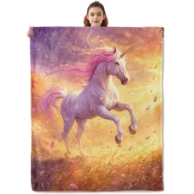 Unicorn Running in Meadow Blanket: Fantasy Art for Dreamers