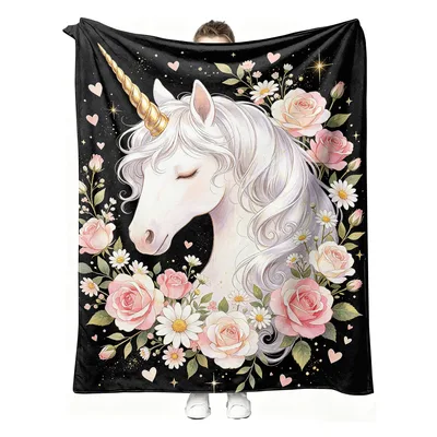 White Unicorn with Roses Blanket: Enchanted Horse and Floral Art