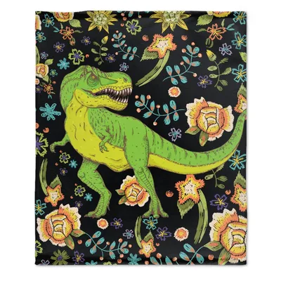 T-Rex Dinosaur with Flowers Blanket: Green T-Rex and Floral Pattern