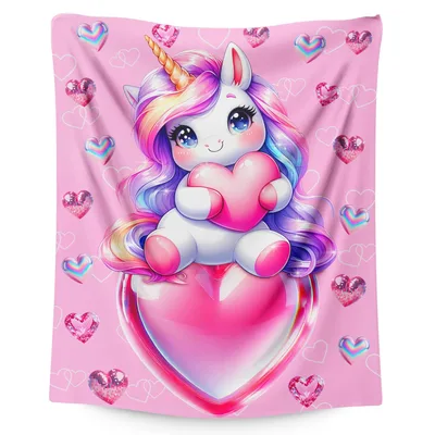 Unicorn Holding Pink Heart Blanket featuring a cute white unicorn