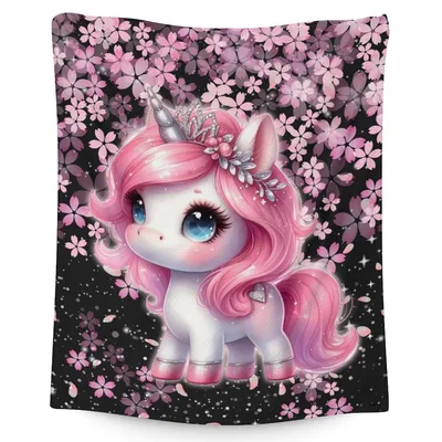 Cute Unicorn in Cherry Blanket: Pink Mane and Blossom Art