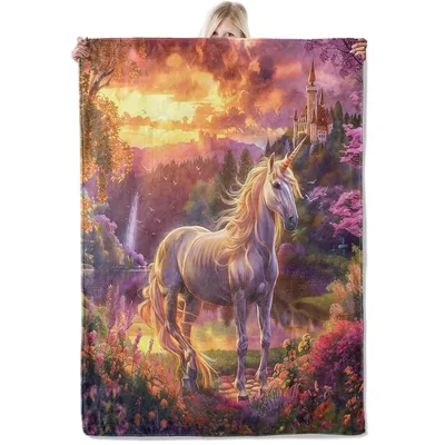 Unicorn by Castle Blanket: A Magical Sunset Scene with a White Unicorn