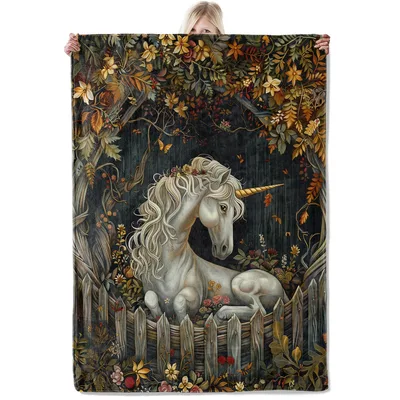 Unicorn in Autumn Forest Blanket: White Horse in Fall Woodland