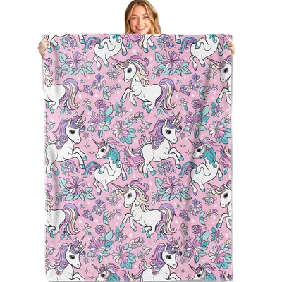 Pink Unicorn Pattern Blanket: Magical Cartoon Unicorns and Flowers