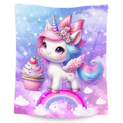 Unicorn with Cupcake Blanket: Sweet Pegasus on a Rainbow Sky