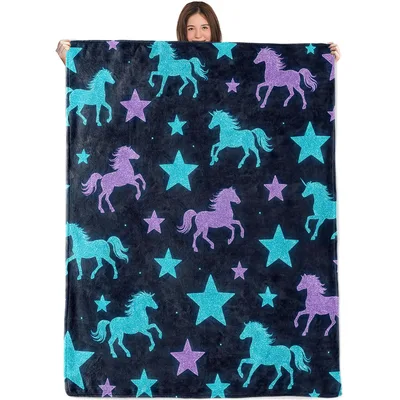 Unicorns and Stars Pattern Blanket featuring glittery teal