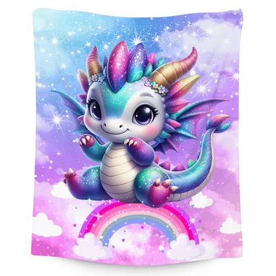 Baby Dragon on Rainbow Blanket: Cute Glittery Dragon Art