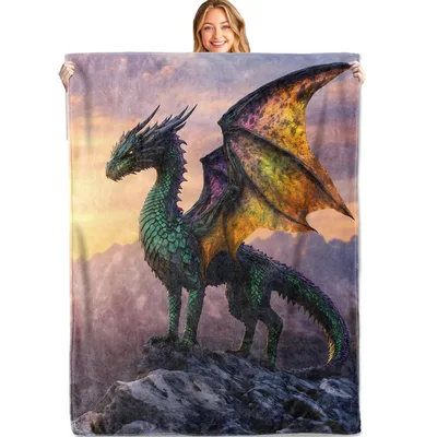 Majestic Dragon on Mountain Blanket: Fantasy Art for Your Couch