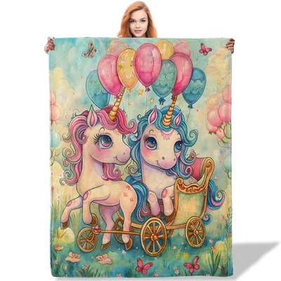 Unicorns Pulling Carriage Blanket: Magical Balloon Ride Design