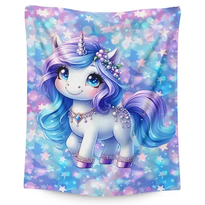 Cute Unicorn Among Stars Blanket: Sparkling Blue and Purple Design