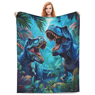Two T-Rex Fighting Blanket: Blue Tyrannosaurus Rex Jungle Art