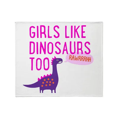 Girls Like Dinosaurs Too Blanket: Pink Text and Purple Dino Design