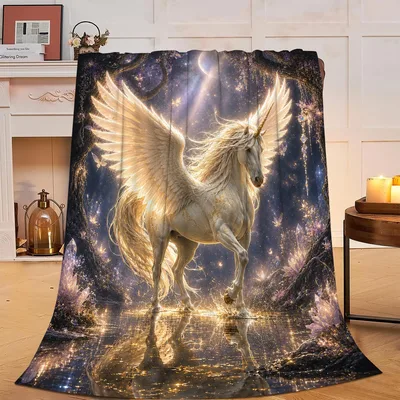Winged Unicorn in Starry Blanket featuring a glowing white pegasus