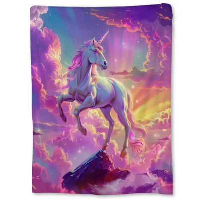 Magical Unicorn on Cliff Blanket: Ethereal Horse Art for Dreamers