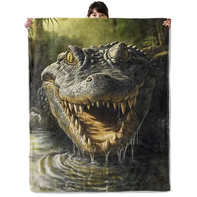 Fierce Crocodile in Water Blanket: Realistic Jungle Wildlife Art