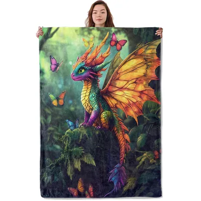 Colorful Dragon in Jungle Blanket: Fantasy Art for Cozy Days
