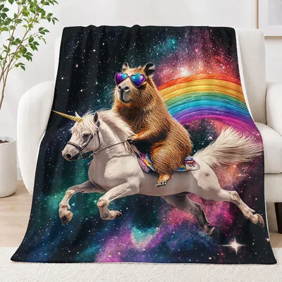 Capybara Riding Unicorn Rainbow Blanket: Cosmic Capybara Art