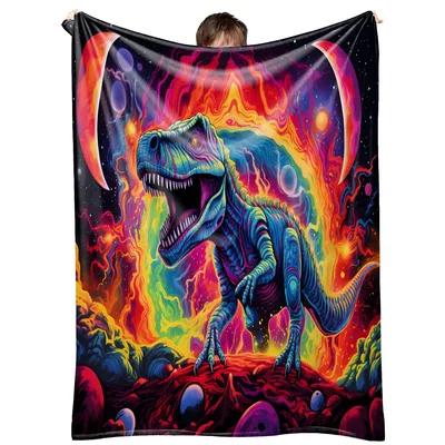 Rainbow T-Rex in Flames Blanket: Psychedelic Dinosaur Art