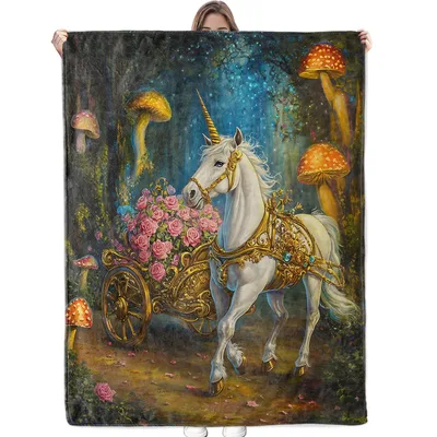 Unicorn Pulling Flower Carriage Blanket: Enchanted Forest Art