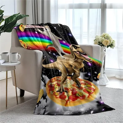 Cat and Dinosaur Rainbow Blanket: Space T-Rex Pizza Art
