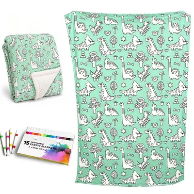 Green Dinosaur Coloring Pattern Blanket for Creative Play