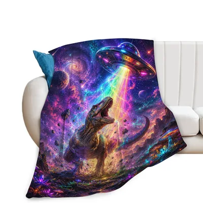 Roaring Dinosaur Rainbow Galaxy Blanket: Space T-Rex and UFO Art
