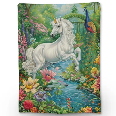 Unicorn in Beautiful Garden Blanket featuring a white horse