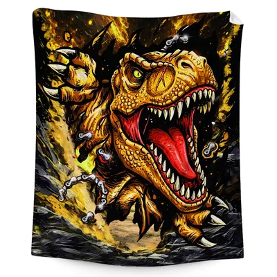 Golden T-Rex Roaring Blanket: Fierce Dinosaur Art for Enthusiasts