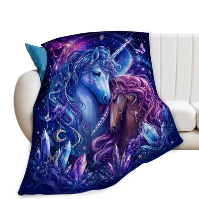 Two Unicorns in Purple Blanket: Fantasy Art with Crystals and Stars
