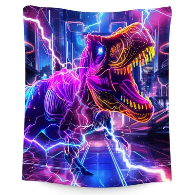 Neon T-Rex in City Blanket: Cyberpunk Dinosaur Art for Kids