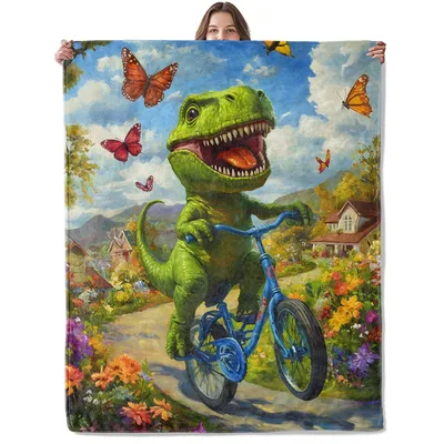 Dinosaur Riding Bike Garden Blanket: Joyful T-Rex on a Blue Bicycle