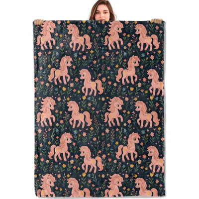 Pink Unicorns Floral Pattern Blanket featuring cute pink horses