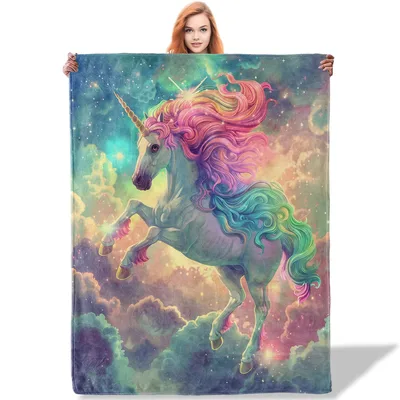 Rainbow Unicorn in Galaxy Blanket featuring a rearing fantasy creature