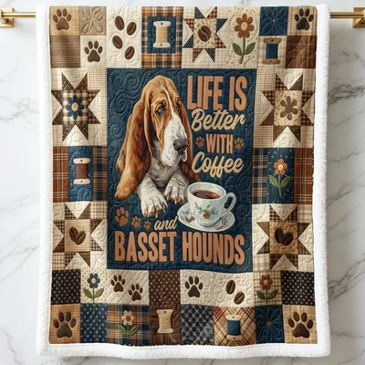 Basset Hound Lover Blanket with Coffee Quote