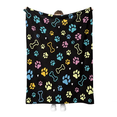 Dog Bone Blanket: Colorful Paw Prints and Bones on Black