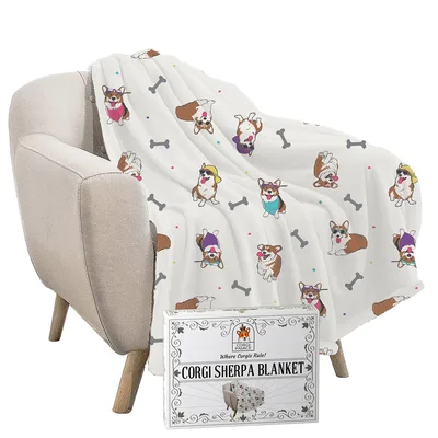 Corgi Dog Pattern Blanket: Playful Corgis and Bones on White