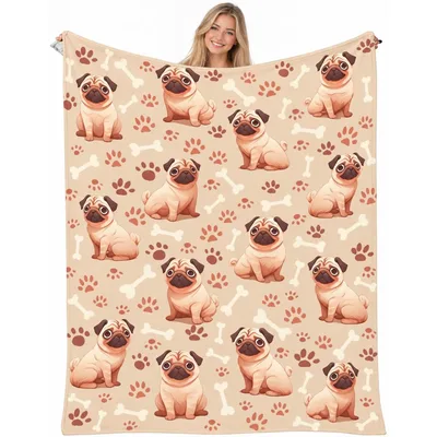 Cute Pug Blanket with Paws and Bones Print