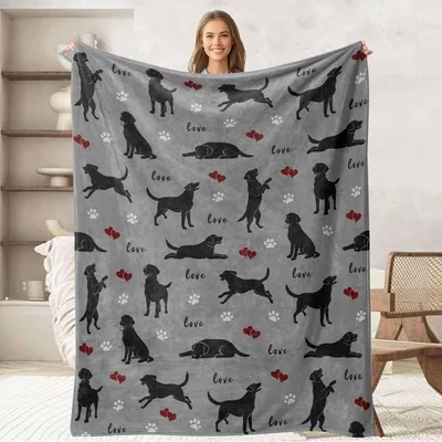 Black Labrador Dog Pattern Blanket featuring playful silhouettes