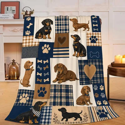 Dachshund Patchwork Plaid Pattern Blanket for Long-Legged Lovers