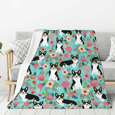 Corgi Dog Lover Blanket with a Floral Print on Aqua
