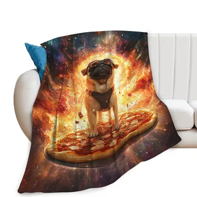 Pug Pizza Blanket: A Space Pug Surfing a Slice
